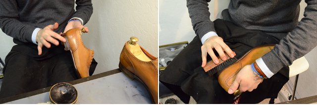 Обработка ребра подошвы и каблука гуталином и полировка жесткой щеткой